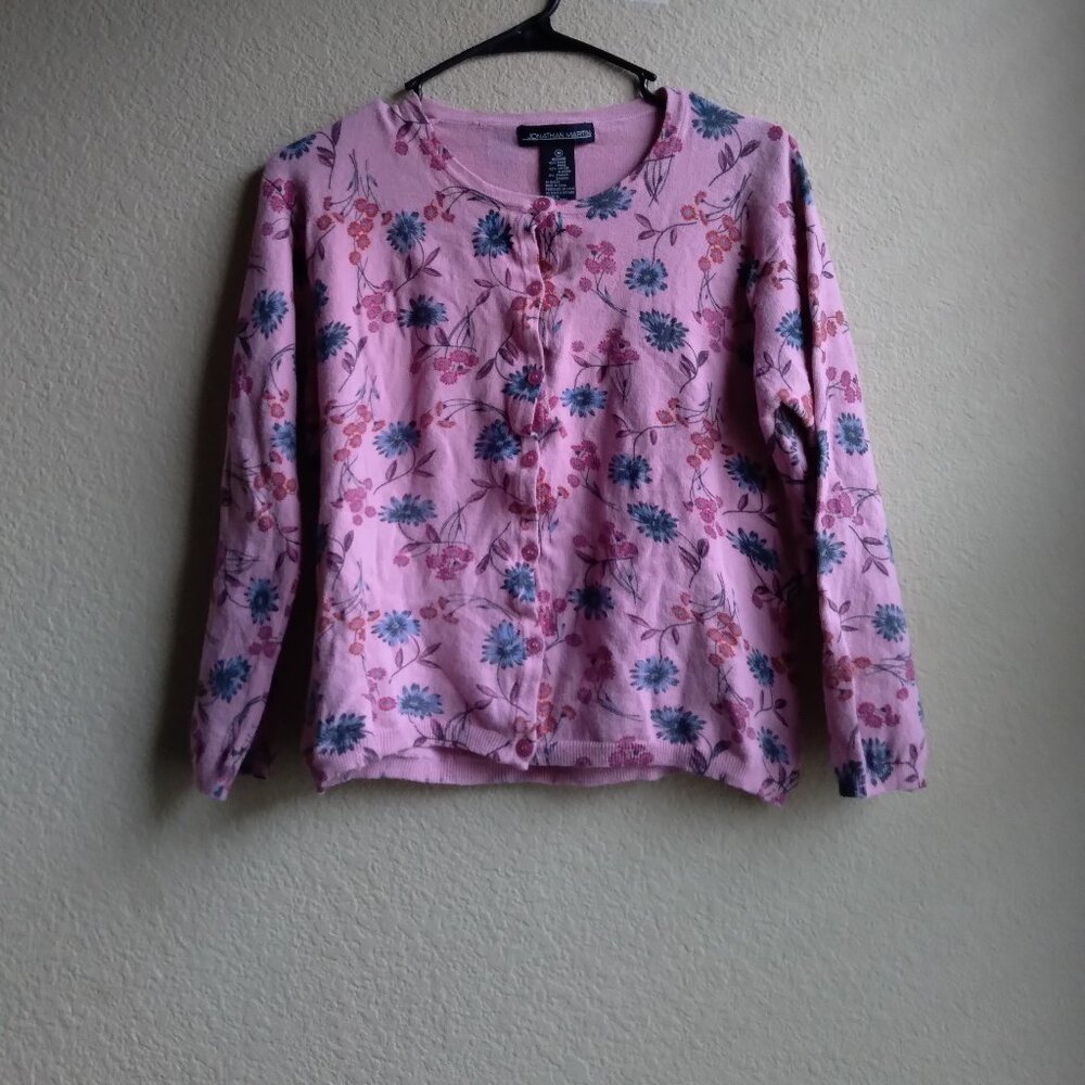 Vintage Jonathan Martin Pink Floral Cotton Blend Cardigan Womens Size Medium